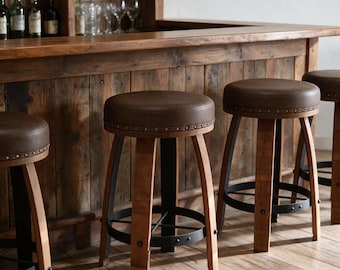 Swivel Top Whiskey Wine Barrel Stave Bar Stool W/ Upholstered Nailhead Trim Seat 24" 26" 28" 30" Sit Height Rustic Furniture Bar Bistro Pub