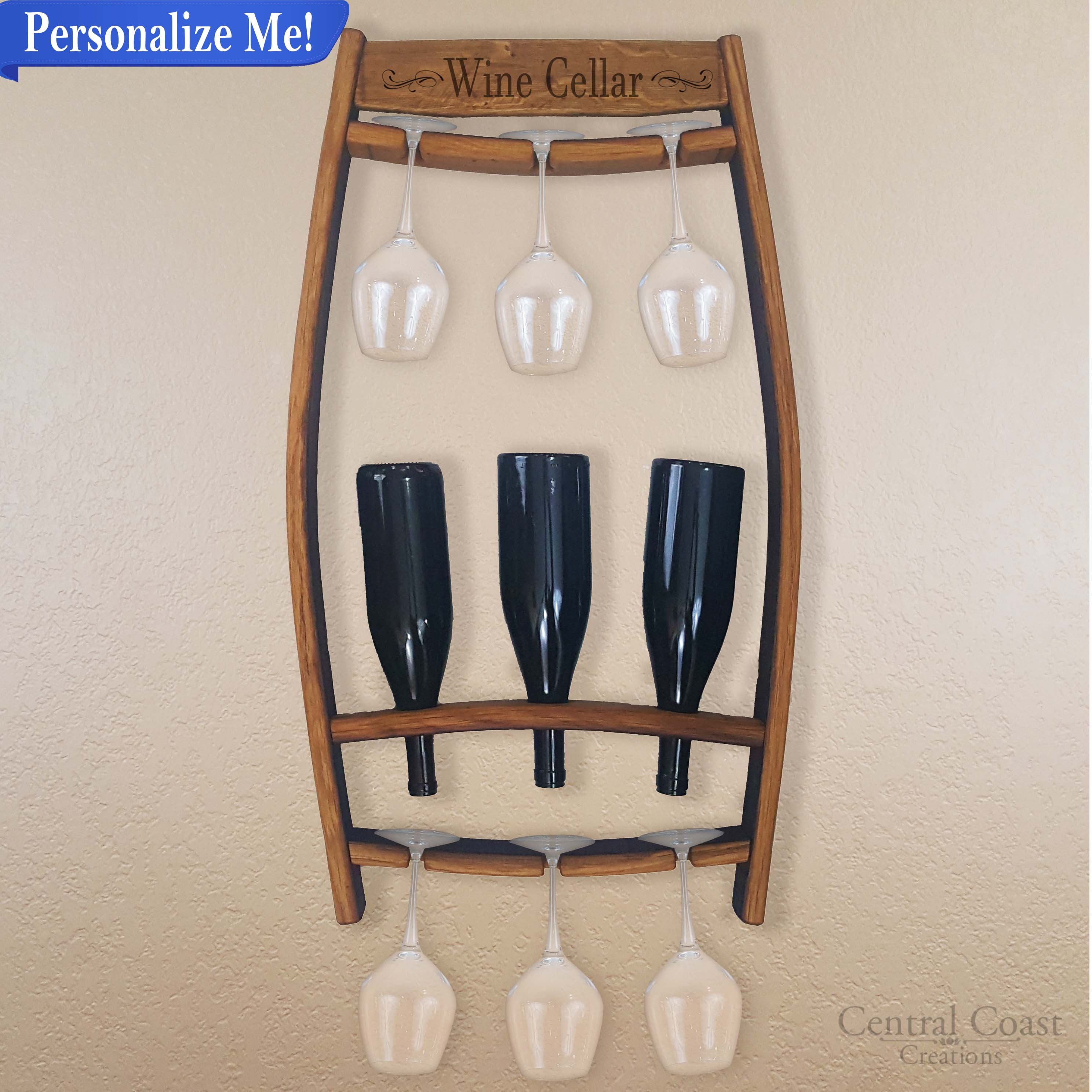 PERSONALIZED Wall Mounted Wine Rack Wine Bottle Glass Wine Barrel ...