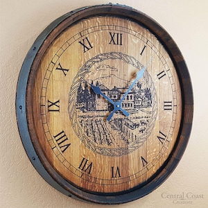 Reloj de barril de vino con grabado de bodega antigua, muebles rústicos, decoración del hogar