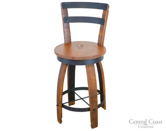 Swivel Top Whiskey Wine Barrel Stave Bar Stool W/ Backrest 24" 26" 30" Sit Height Rustic Furniture Bar Home Décor Bistro Pub