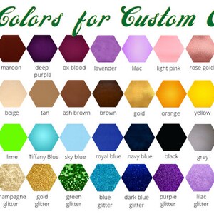 May include: A chart of vinyl colors for custom orders. The colors are arranged in a grid of hexagons, with each color labeled below. The colors include scarlet, red, wine, maroon, deep purple, ox blood, lavender, lilac, light pink, rose gold, hot pink, magenta, burnt orange, nut brown, copper, beige, tan, ash brown, brown, gold, orange, yellow, pastel yellow, pastel green, green, forest green, lime, Tiffany Blue, sky blue, royal blue, navy blue, black, grey, silver, white, red glitter, hot pink glitter, light pink glitter, champagne glitter, gold glitter, green glitter, blue glitter, dark blue glitter, purple glitter, lilac glitter, white glitter, silver glitter, and black glitter.