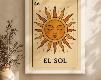 El Sol Lotería Canvas Art, Boho Sun Print, Latina Coffee Bar Wall Decor