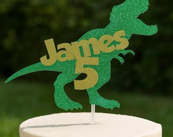 Personlig dinosaurietårtdekoration: Grön & guld glitter T-Rex festdekoration