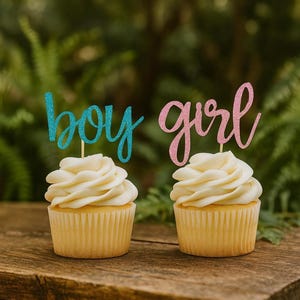 Boy or Girl Cupcake Toppers 12ct – Gender Reveal Cupcake Picks – Pink Girl Blue Boy Glitter Toppers – Baby Shower Cupcake Decorations