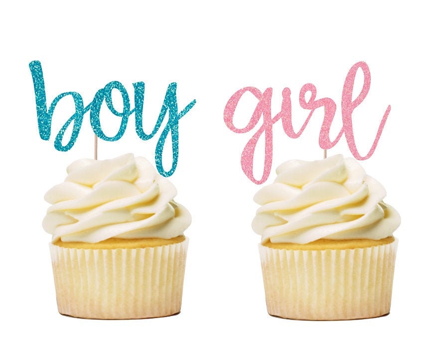 Gender Reveal Topper Girl Boy Baby Shower Qty 12 Baby Grow Cupcake Toppers.