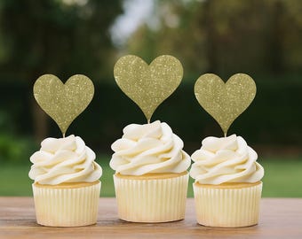Hartvormige cupcaketoppers met glitter: dessertdecor bruiloft en feest - 12 kt