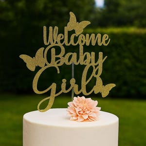 Glitter Butterfly Welcome Baby Cake Topper: Baby Shower Decoration