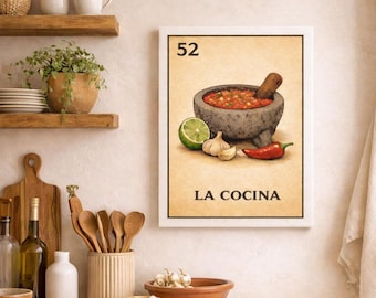 La Cocina Lotería Canvas Art | Mexican Molcajete Salsa Kitchen Decor