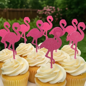 Pink Flamingo Cupcake Toppers 12ct Tropical Birthday Party Decor – Glitter Flamingo Cupcake Picks – Luau Party Decorations Summer Pool Party
