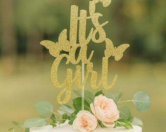 It’s a Girl Cake Topper with Butterflies – Gold Glitter Baby Shower Cake Topper – Gender Reveal Party Decoration – Boho Butterfly Cake Decor