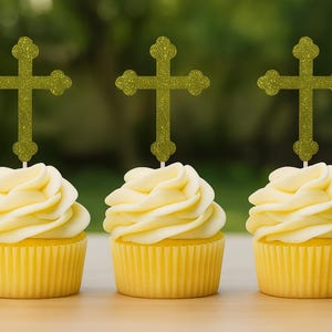 Glitter Cross Cupcake Toppers 12ct – Religious Baptism Communion Confirmation Cupcake Picks – Christian Party Decor