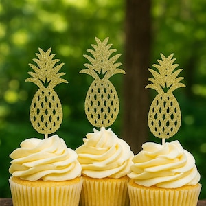 Pineapple Cupcake Toppers 12ct Tropical Party Picks Hawaiian Luau Decor Bridal Shower Baby Shower Engagement, Bachelorette Aloha Theme Picks