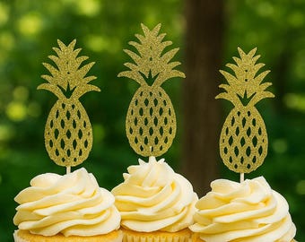 Glitter Pineapple Cupcake Toppers: Tropical Luau Party Decor, 12ct