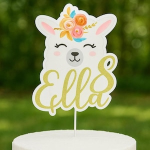 Personalized Llama Cake Topper with Name – Boho Floral Birthday Party Decoration, Custom Glitter Name Topper, Kids Birthday Cake Topper