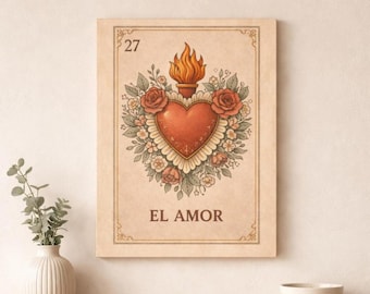 El Amor Lotería Canvas Wall Art | Sacred Heart Boho Decor | Mexican Folk Art Print | Love Wall Art for Bedroom or Coffee Bar