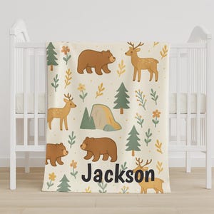 Personalized Woodland Baby Blanket Custom Name Fleece Blanket with Bears & Deer Soft Nursery Blanket Boho Forest Baby Shower Gift