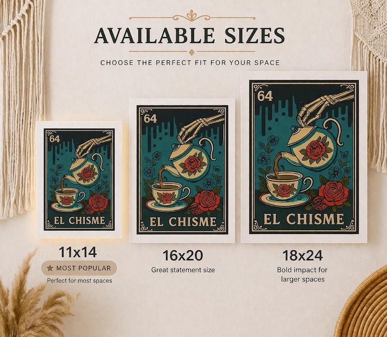 May include: Three framed art prints featuring the text "EL CHISME" and a design of a skeleton hand pouring tea from a floral teapot into a teacup. Available in sizes 28x36 cm, 41x51 cm, and 46x61 cm.