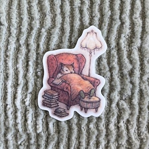 May include: A brown and white animal wearing a blanket is sitting in a red armchair with a stack of books next to it. A lamp with a white shade is in the background.