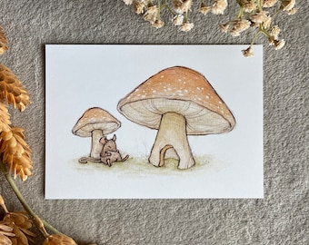 May include: A watercolour painting of two mushrooms with a small mouse sitting under the larger mushroom. The larger mushroom has a brown cap with white spots and a white stem. The smaller mushroom has a brown cap and a white stem. The mouse is brown and has a white belly.