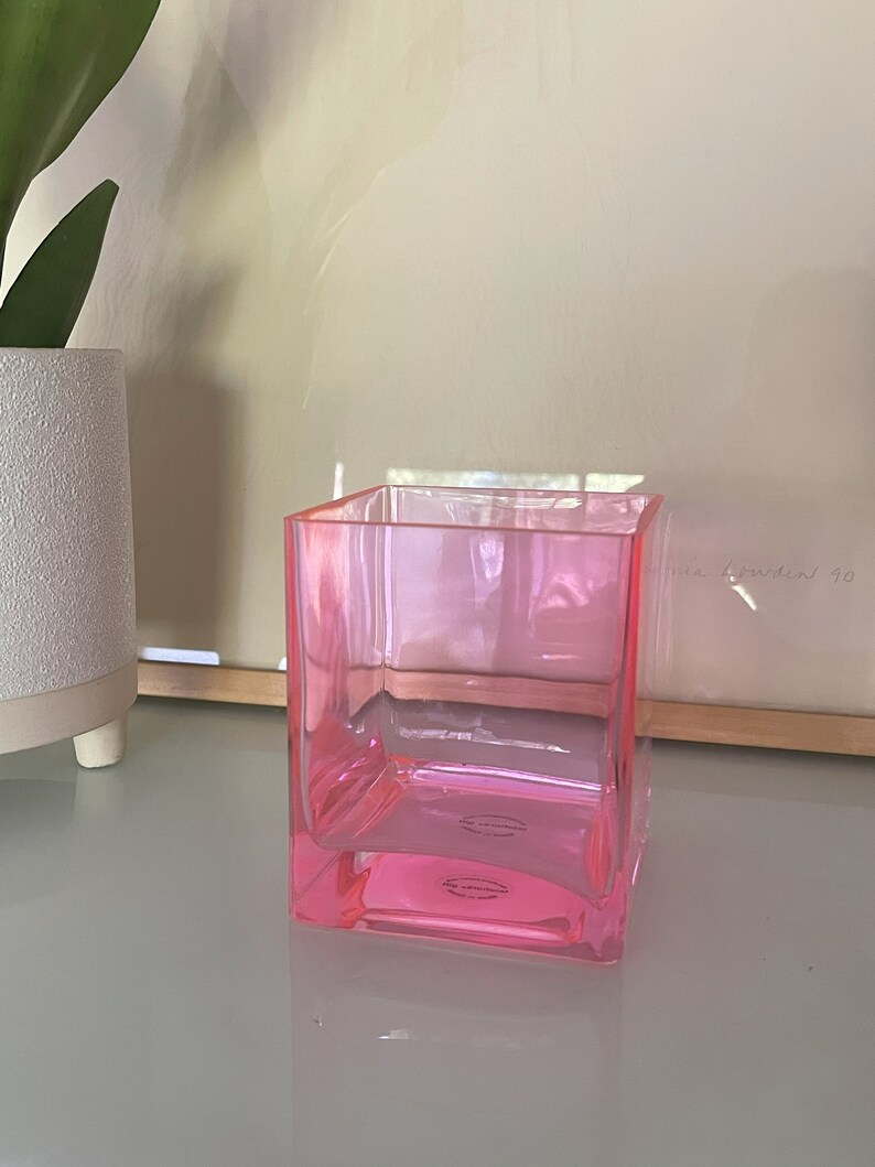 Vintage Teleflora Hot Pink Glass Square Cube Floral Vase Planter Candle