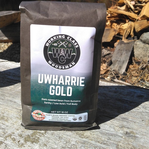 WCW UWHARRIE GOLD whole coffee beans. 16 oz/ 1 lb bag. Certified organic/ fair trade- Dark roast Sumatran