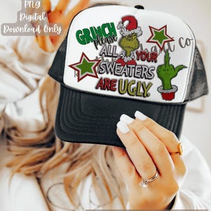 Grinch Ugly Sweaters Hat Patch, Faux Embroidery PNG (Digital Download)