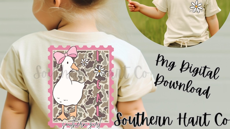 May include: A cream t-shirt with a cartoon duck wearing a pink bow, inside a pink-edged stamp design. The stamp includes the word "LOCAL" and the phrase "southern girl". A smaller image shows a daisy graphic.