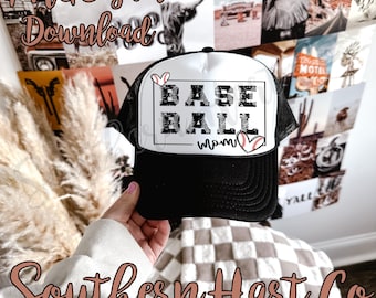 May include: A black and white trucker hat with a white front panel. The front panel has a black and white graphic that says "BASEBALL MOM" with a red heart and a baseball graphic.