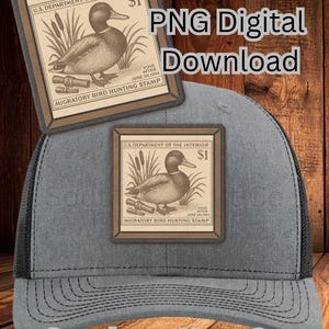 May include: A grey trucker cap with a black mesh back. It features a rectangular patch with a vintage duck illustration and the text "U.S. Department of the Interior $1". The hat also has the text "Southern Hart Co" and "PNG Digital Download".