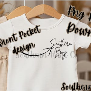 May include: White baby t-shirt with the text "Southern Boy" and "Front Pocket design". The shirt is hanging on a wooden hanger. The words "Png Digital Download" and "Southern Hart Co" are also visible.
