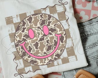 Camo Smiley Face PNG, Pink Smiley Sublimation Design, Coquette Western Shirt PNG, Trendy Boutique Digital Download