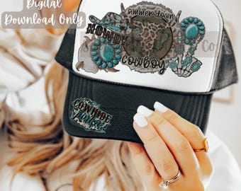 May include: Black and white trucker hat with a cowboy-themed design. The hat features turquoise accents, a leopard print, and the phrases "Howdy Cowboy" and "Simmer Down." The text "Cowhide Junkie" is also visible.