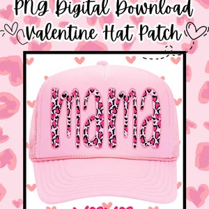 May include: Pink trucker hat with a pink and black leopard print design that says "mama" with pink hearts. The hat has a pink mesh back and a pink bill. The hat is surrounded by a pink and white heart pattern.