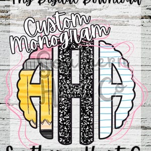 Op de afbeelding: Een digitaal grafisch ontwerp met de tekst Png Digital Download, Custom Monogram en Southern Hart Co. Het centrale monogram bestaat uit drie letters met verschillende patronen: een geel potlood, een zwart-witte notitieboektextuur en blauw gelinieerd papier.