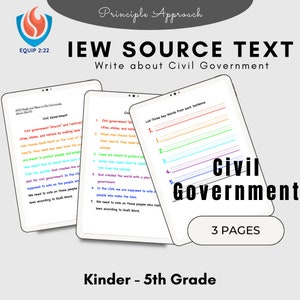 May include: A printable worksheet for teaching children about civil government. The worksheet features a colorful design with the words "Civil Government" in a large font. The worksheet includes a section titled "Civil Government" with text about the role of government in directing and controlling cities, states, and nations. The worksheet also includes a section titled "List Three Key Words from each Sentence" with blank lines for students to write their answers.
