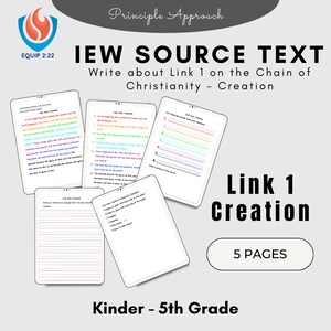 May include: A colorful digital download for teaching children about the creation story in the Bible. The text includes the words "IEW Source Text" and "Link 1 Creation".