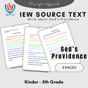May include: A printable worksheet for teaching children about God's providence. The worksheet features colorful text and lines for writing. The title is "God's Providence" and the text includes the phrase "List Three Key Words from each Sentence".