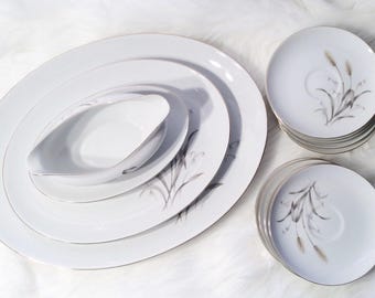 Fuji Pattern 2215 White and Gray 15 inch Oval Serving Platter Collectible China Turkey Platter On Sale Rare Large Sone China Mt