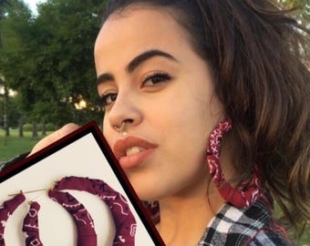 Red/Black/blue/ green/yellow/orange/camoflauge paisley fabric large hoop earrings