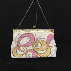 Bolso vintage con cuentas de color rosa, marrón y beige