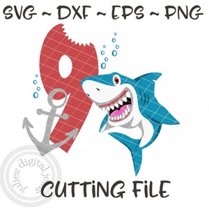 Chemise d’anniversaire requin, requin anniversaire svg, 9e anniversaire SVG, svg de neuvième anniversaire, anniversaire de requin enfants, couper fichier camée, Cricut, sizzix, PNG