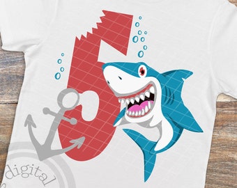 Shark birthday shirt, Shark birthday svg, 5th Birthday SVG, Fifth Birthday svg, Kids shark birthday, Cut file cameo, Cricut, sizzix, PNG