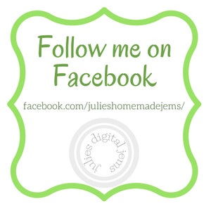 Puede incluir: Gr&aacute;fico verde y blanco con el texto "Sigueme en Facebook" y la URL "facebook.com/julieshomemadejems/" Un c&iacute;rculo blanco con el texto "Julies Digital Gems" en un patr&oacute;n circular.