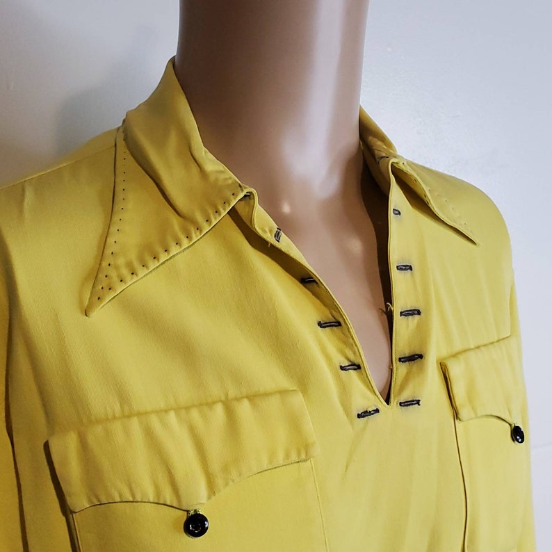 Vintage 40s Yellow Lace Up Longsleeve Rayon Gaucho Shirt Delmonico S Rockabilly