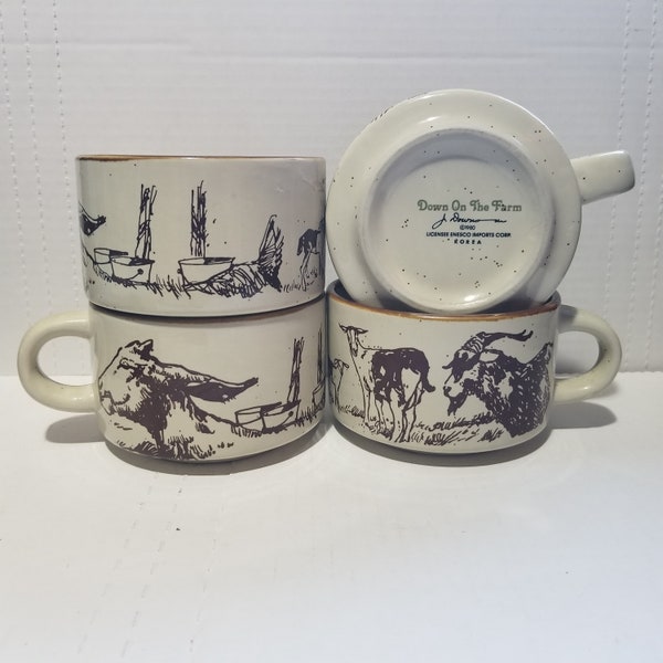 Vintage 1980 ENESCO J Downs "Down On the Farm" Soup/Coffee Mugs ~ Set of 4 ~ Goats ~  Speckle Stone Pottery