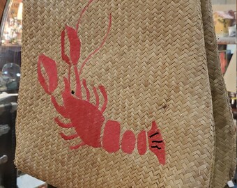 Vintage Rattan Straw Woven Lobster Embroidered Tote Purse Bag Made in China