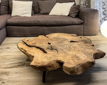 Live edge coffee table in wild beech with black resin - artisanal low living room table
