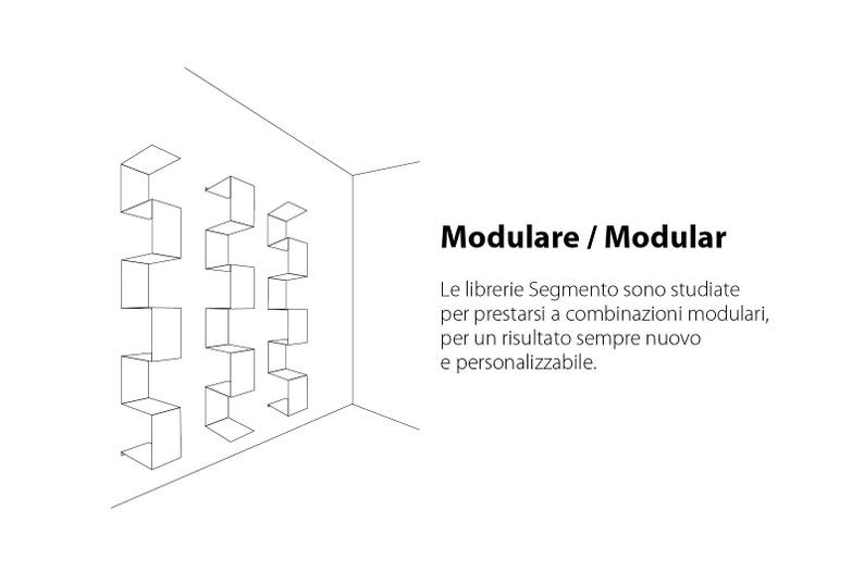 May include: A black and white line drawing of three modular shelves on a wall. The shelves are made up of square units that can be arranged in different configurations. The text "Modulare / Modular" is written in black at the top of the image. The text below reads "Le librerie Segmento sono studiate per prestarsi a combinazioni modulari, per un risultato sempre nuovo e personalizzabile."