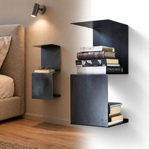Wall-mounted bedside table and 60 cm high wall shelf in raw steel | Modular bookcase in hand-waxed natural iron | Raw Steel Segment