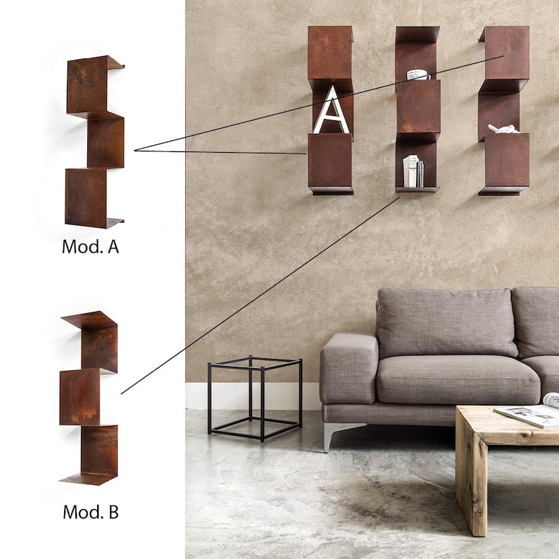 May include: Two different styles of wall-mounted shelves made of rusted metal. The shelves are in a staggered design. The shelves are labeled "Mod. A" and "Mod. B".